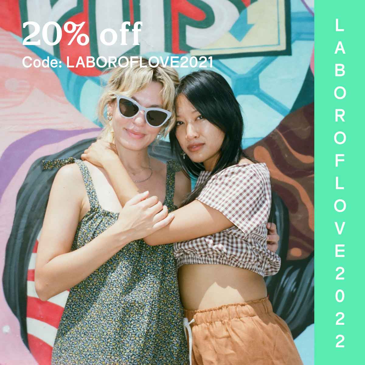 Sai in floral dress + Dorothy in gingham top with code LABOROFLOVE2022 for 20% off staturenyc.com