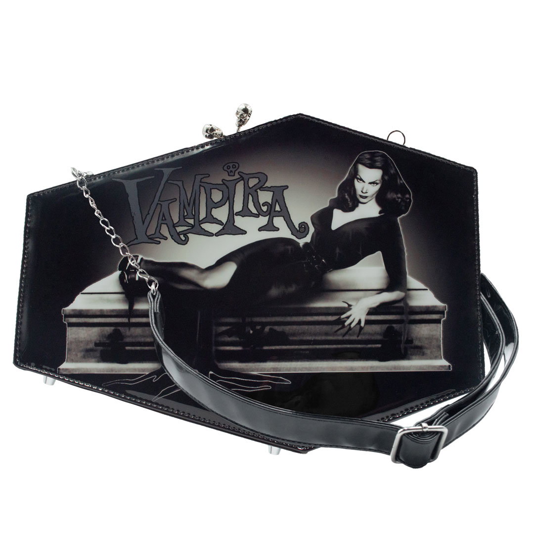 Kreepsville | Skull Kiss Lock Deluxe Patent Coffin Handbag | Halloween