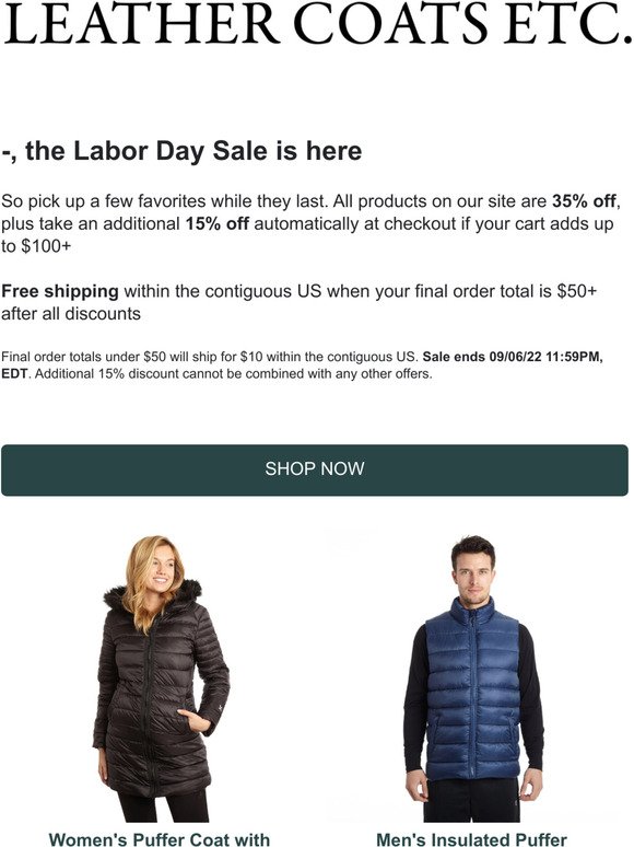 Take 35% off + more: Leather Coat Etc.'s Labor Day Sale