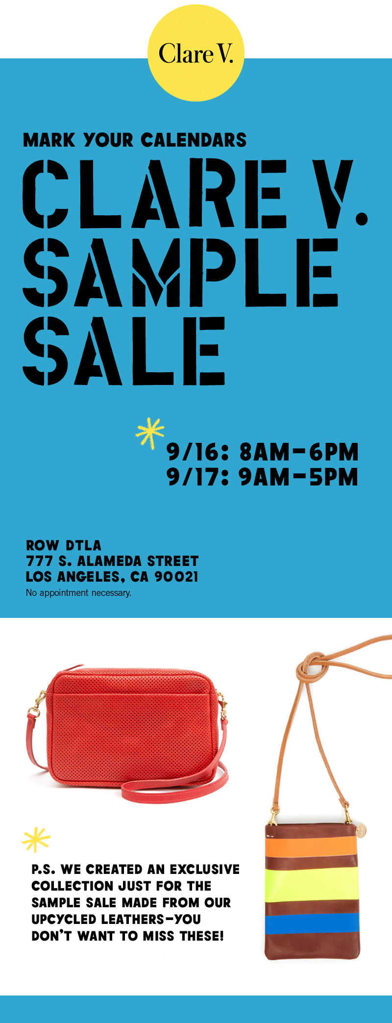 Our sample sale starts tomorrow! Cute bags for you and your cute friends. Clare  V. Sample Sale 9/22 from 8-6PM and 9/23 9-5PM @rowdtla…