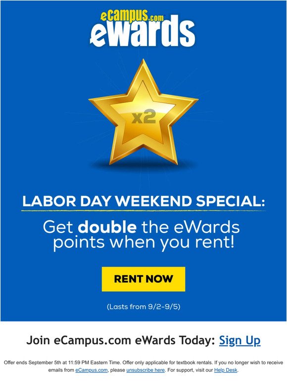 ⭐ It's Double eWards Weekend! Earn Rewards and Save on Textbooks When You Rent! 📚