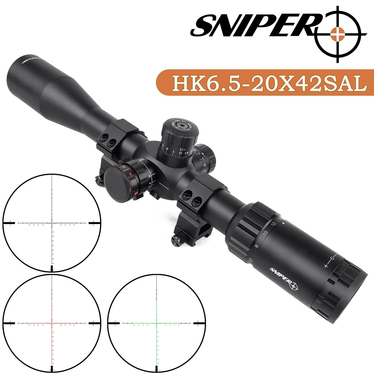HK 6.5-20x42 SAL Rifle Scope, Side Parallax Adjustment, Glass Etched Red/Green Illuminated Reticle with Heavy Duty Scope Rings, Sunshade and Lens Cover