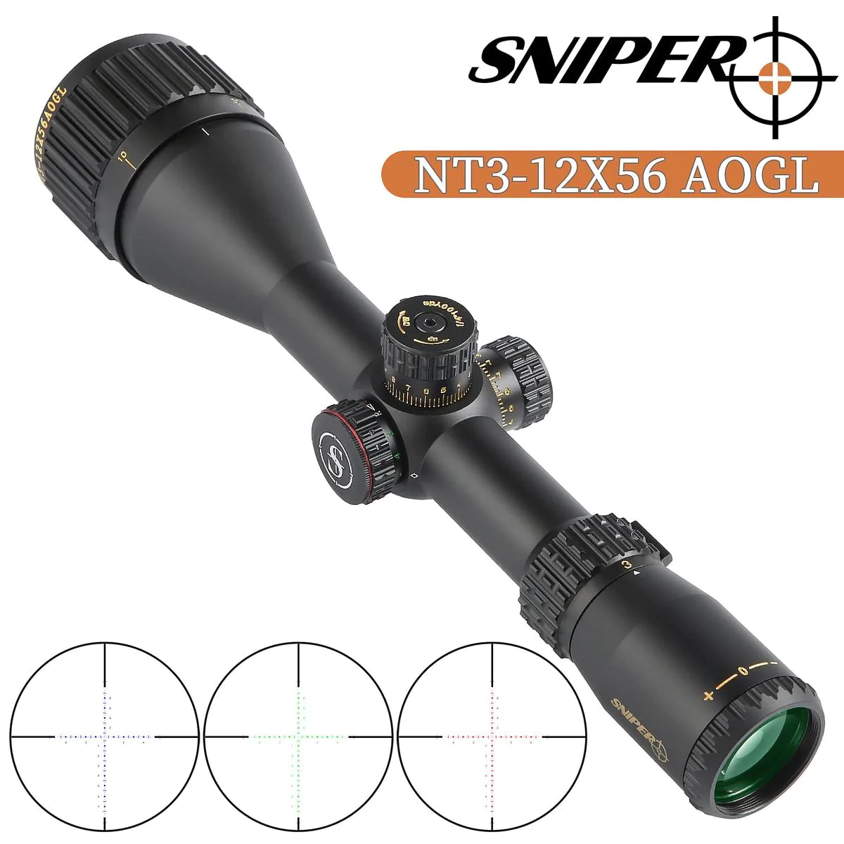Sniper NT-HD 3-12x56 AOGL Scope 30mm Tube with Red, Green Illuminated Reticle