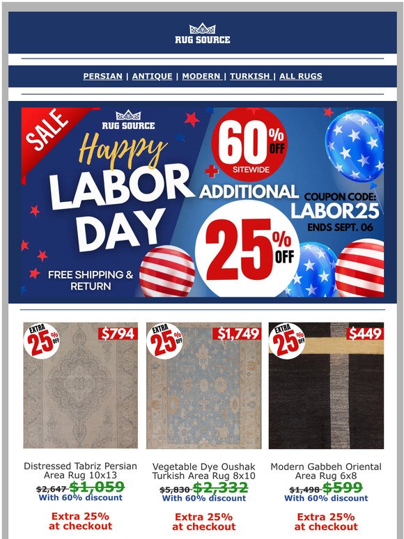 Labor day weekend is on . 60% off + Additional 25% + FREE Shipping & Return