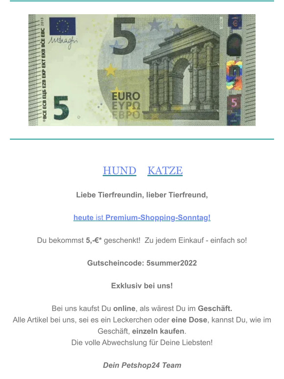 🐶 Du bekommst 5,-€* geschenkt! Zu jedem Einkauf ! 🐱