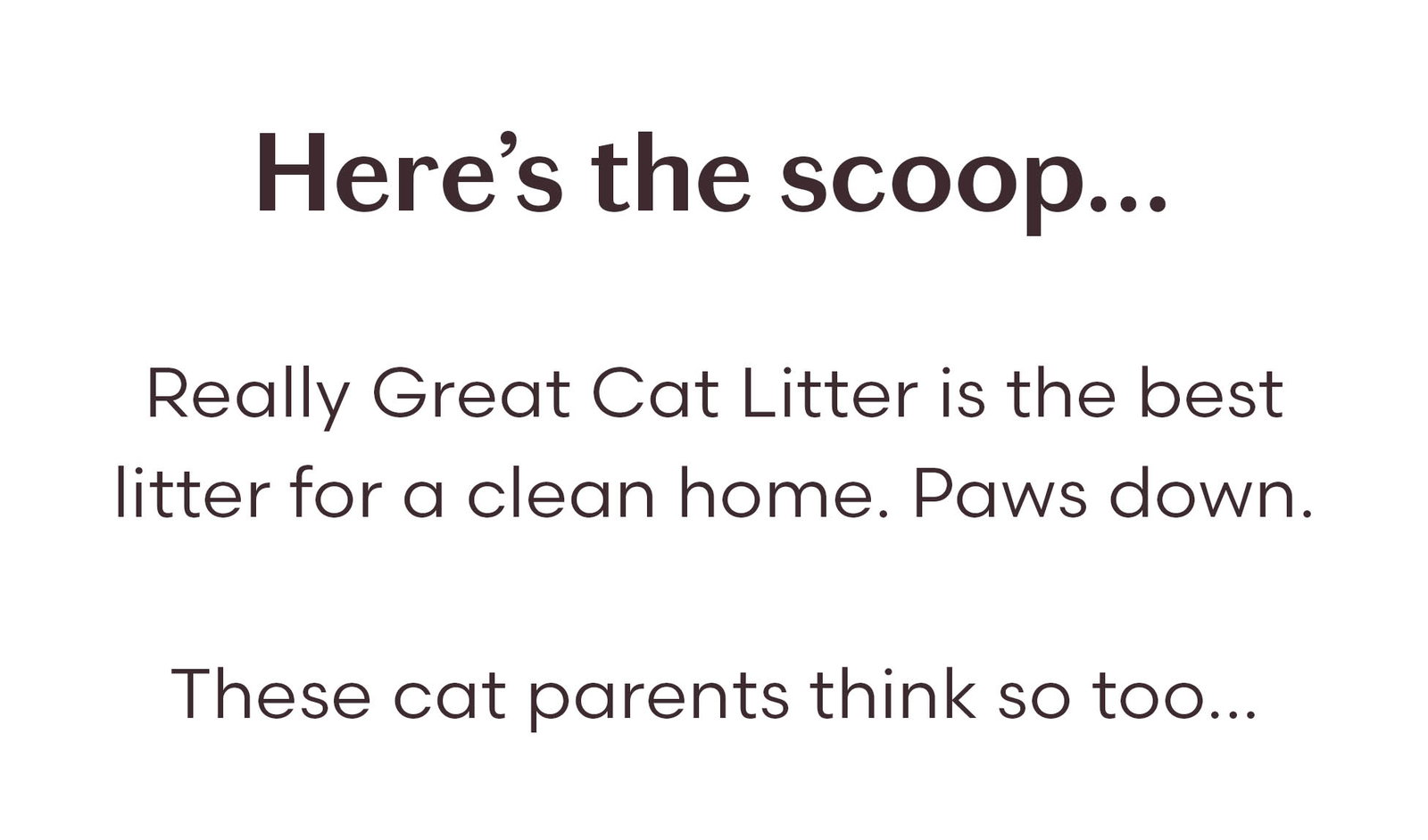 Here's the scoop... Really Great Cat Litter is the best litter for a clean home. Paws down.  These cat parents think so too...