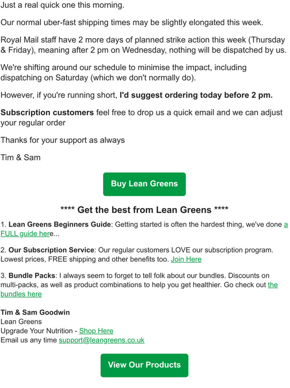 Lean Greens Shipping Update