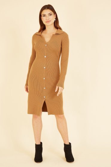 Mela Camel Knitted Shirt Dress
