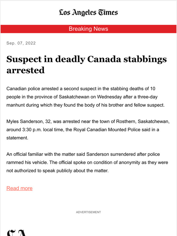 Los Angeles Times: Breaking News: Suspect In Deadly Canada Stabbings ...