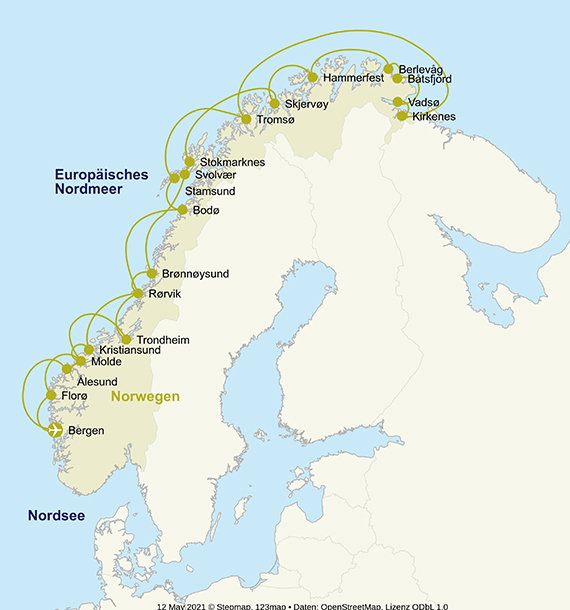 Karte der Norwegen-Kreuzfahrt.
