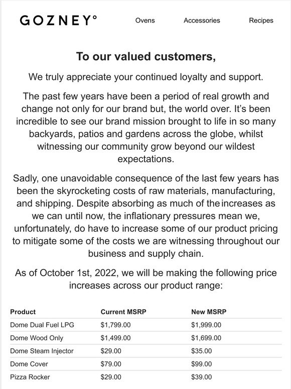 Please read - Pricing updates from the 1st October 2022