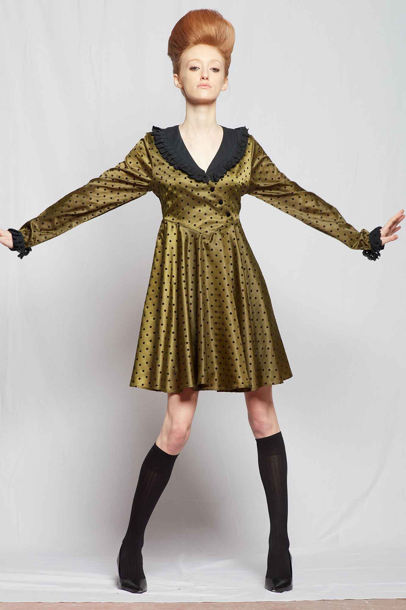 Batsheva Harper Dress in Olive Green Polka Dot