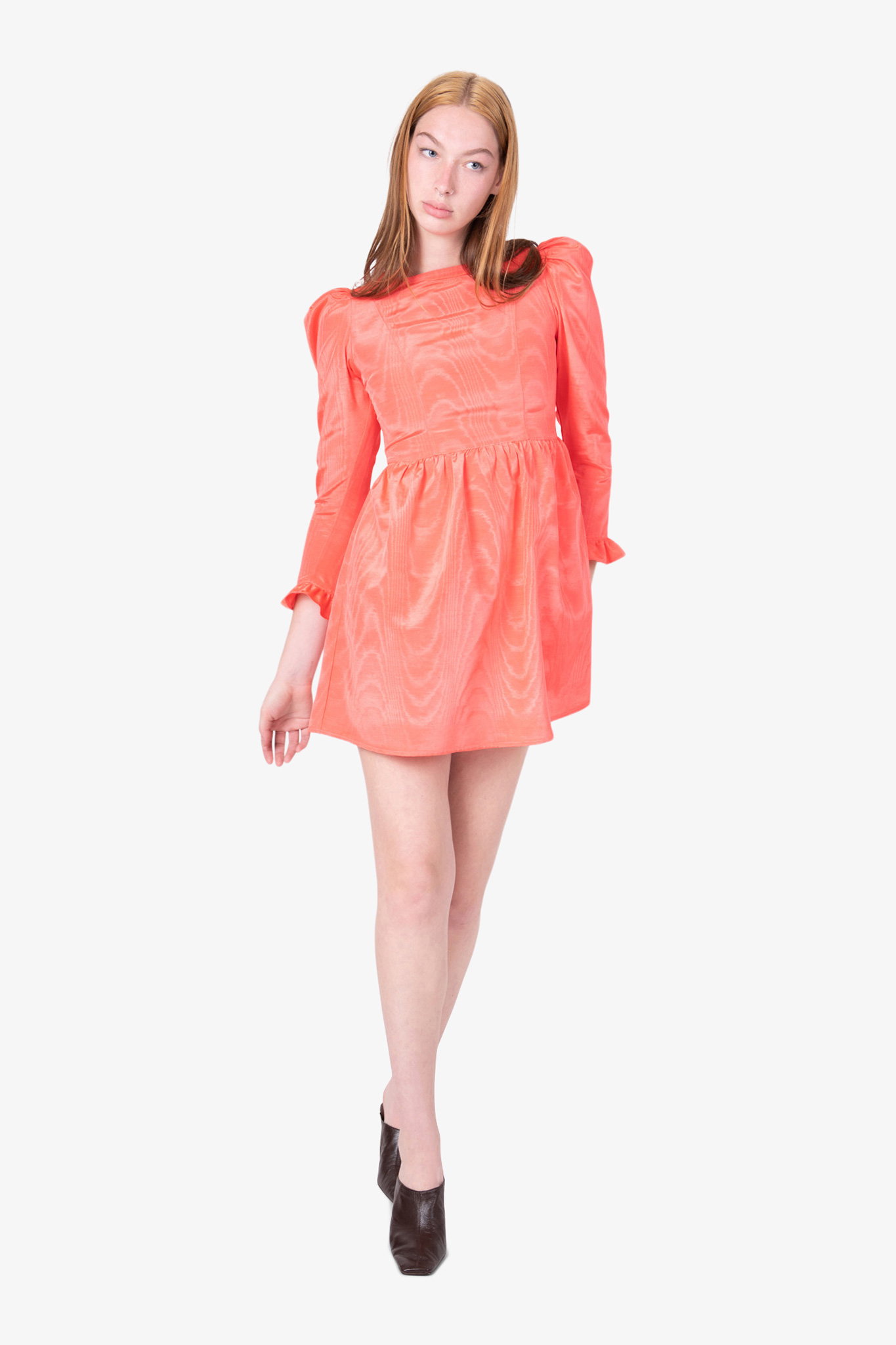 Batsheva Square Neck Mini Prairie Dress in Coral Moiré