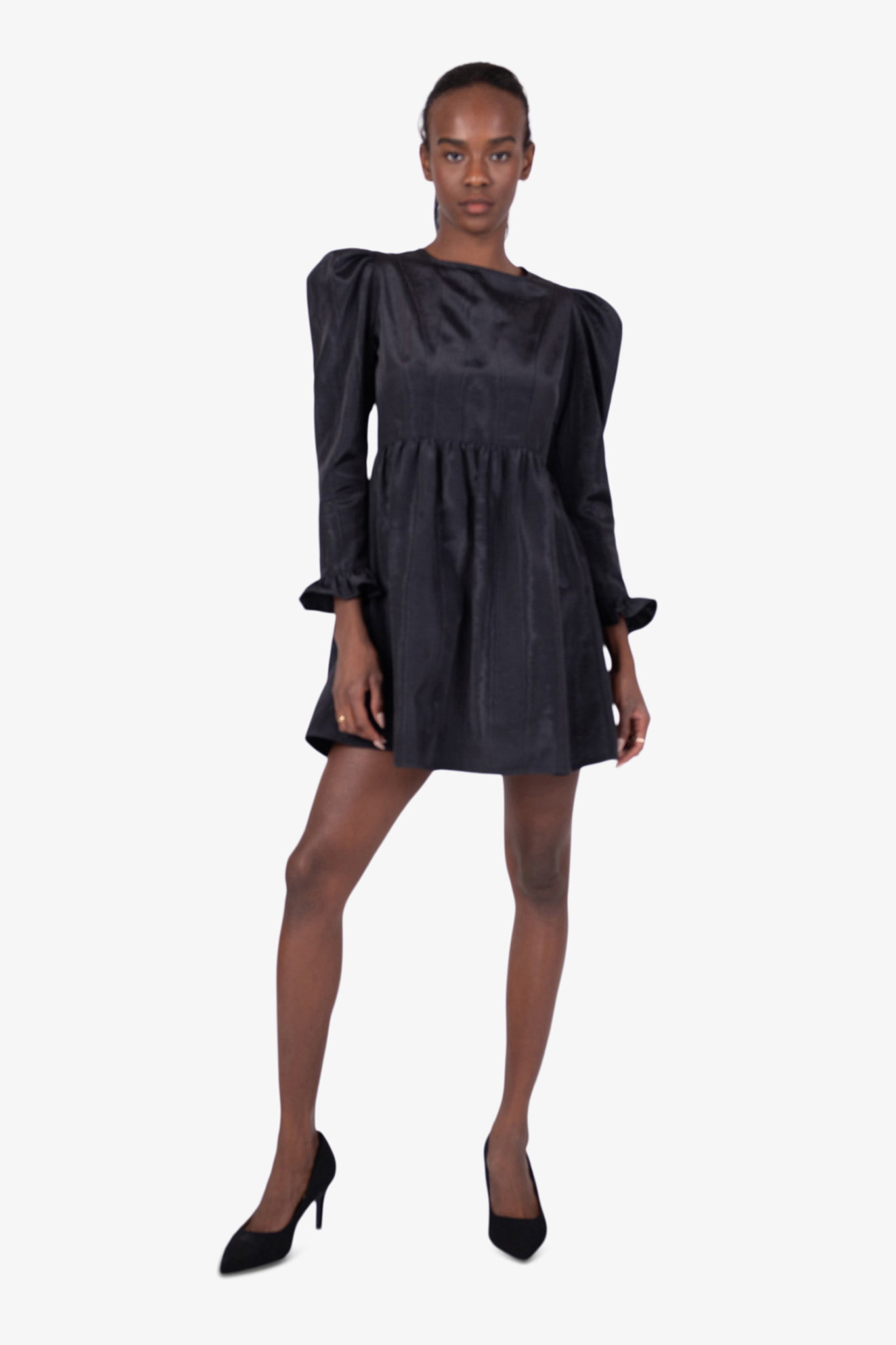 Batsheva Square Neck Mini Prairie Dress in Black Moiré