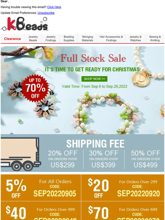 Full Stock Sale in Sep. Up to 70% OFF on Beads Supplies + 50% OFF Shipping Fee Discount + US$130 Free Coupons