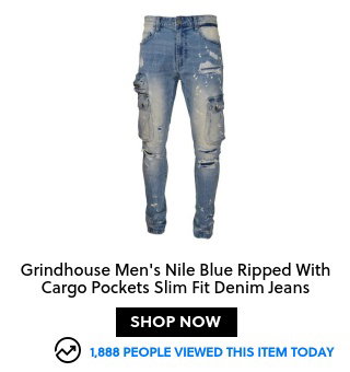 Grindhouse Men's Nile Blue Ripped With Cargo Pockets Slim Fit Denim Jeans