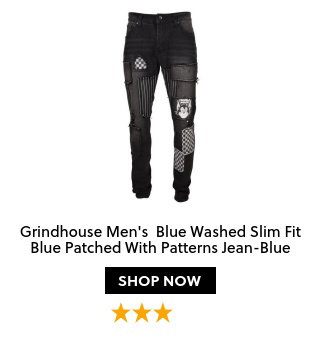 Grindhouse Men's Blue Washed Slim Fit Blue Patched With Patterns Jean-Blue
