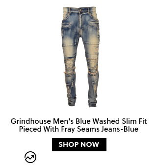 Grindhouse Men's Blue Washed Slim Fit Pieced With Fray Seams Jeans-Blue