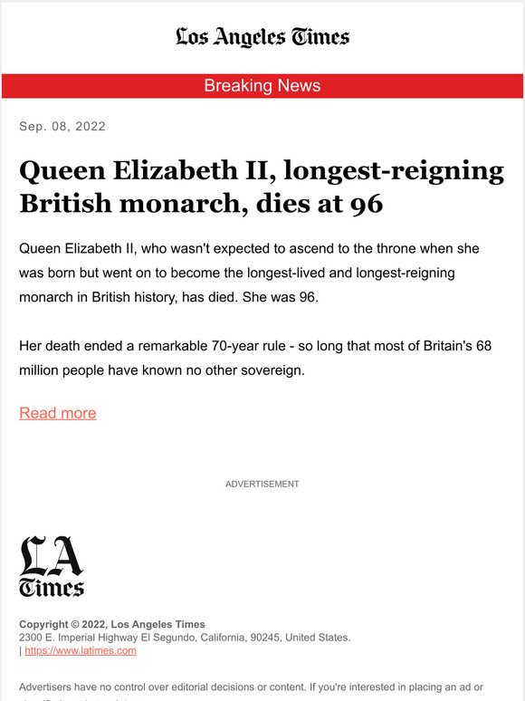 Los Angeles Times: Breaking News: Queen Elizabeth II longest reigning