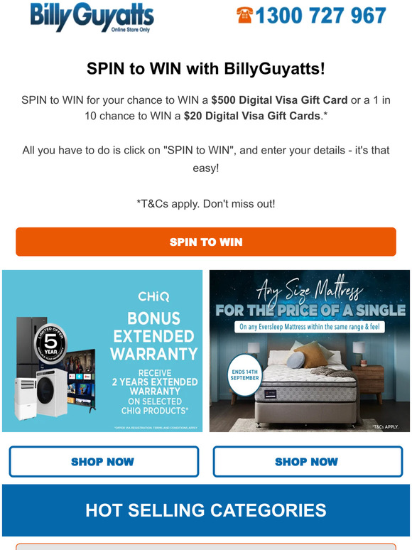 Billy Guyatts SPIN for your chance to WIN a 500 Digital Visa Gift