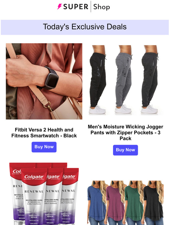 Today's Exclusive: $140.00 Fitbit Versa 2 | $32.99 Men's Jogger Pants 3 Pack | $17.99 Colgate Repair Gel Toothpaste - 3 Pack & More!