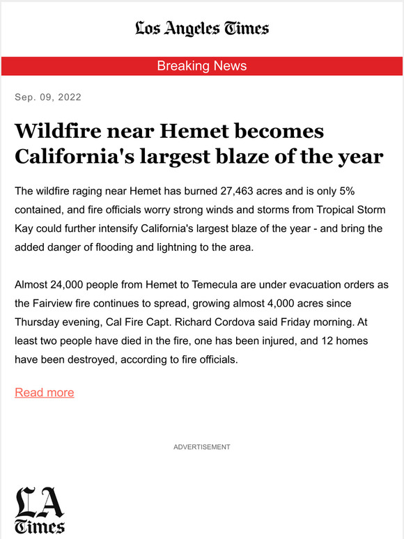 Los Angeles Times Breaking News Wildfire near Hemet