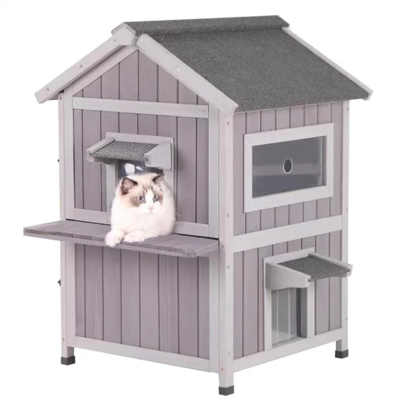 Aivituvin-AIR41 Two Tier Wooden Cat House with Waterproof Roof, Door Flaps