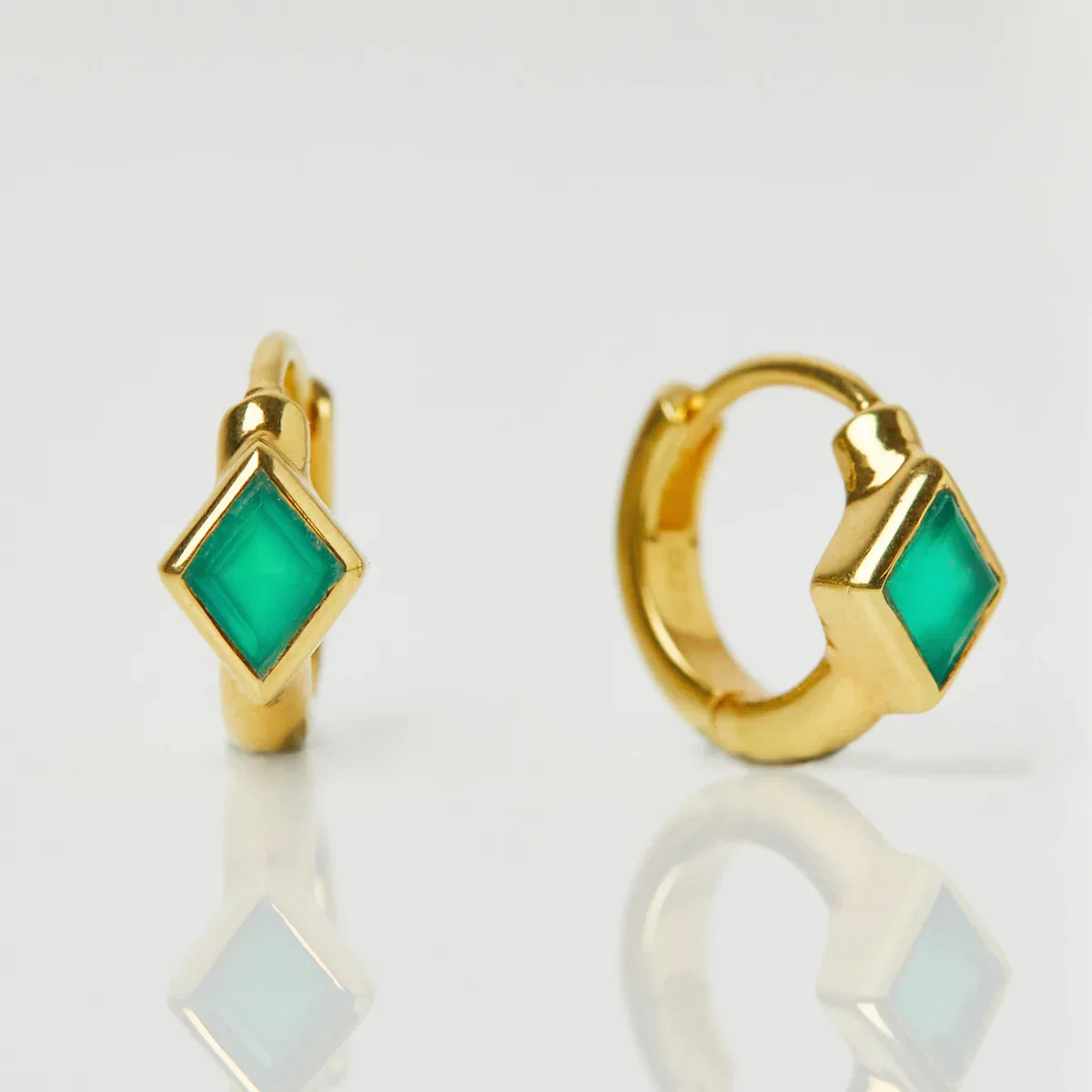 Image of Green Onyx Diamond Shape Huggie Hoop In Gold Vermeil