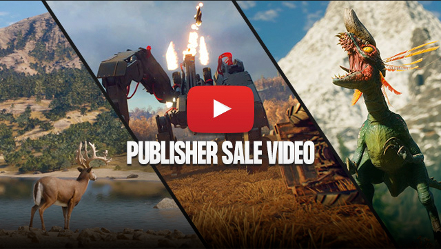 The image is split into three sections. To the left a deer overlooks a lake. In the center a quadrupeds war robot fires rockets into the sky. To the right a dinosaur called 'watcher' roars.