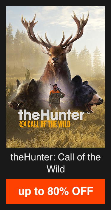 theHunter: Call of the Wild - up to 80% OFF. Image: A hunter stands in the wild, in the background the heads of a boar, a black bear and a deer loom over the hunter.