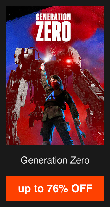 Generation Zero - up to 76% OFF. Image: A woman holds a flare and rifle behind her a war robot lurks.