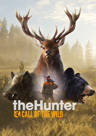 A hunter stands in the wild, in the background the heads of a boar, a black bear and a deer loom over the hunter.