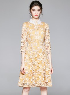 3/4 Sleeve Patchwork Lace Skater Dress