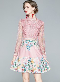 Mock Neck Lace Patchwork Print Skater Dress