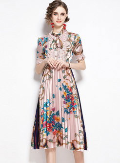 Mock Neck Satin Print Pleated Midi Dress