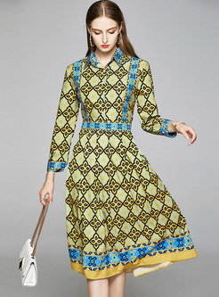 Retro Lapel Long Sleeve Print Midi Dress