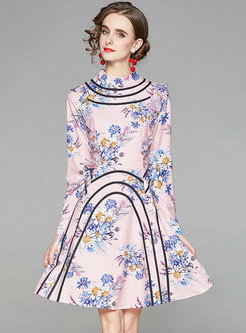 Pink Mock Neck Ruffle Print Skater Dress