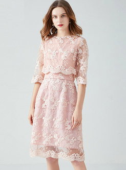 Pink Sweet Lace Half Sleeve Skater Dress