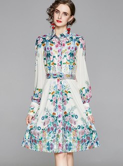 Retro Floral Belted Knee-length Skater Dress