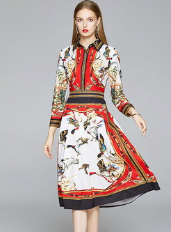 Vintage Print Gathered Waist Midi Dress