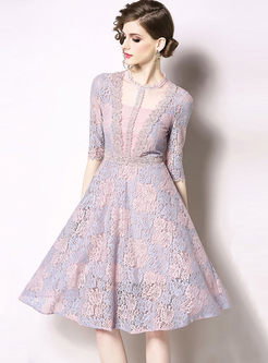 Crew Neck Lace Patchwork Skater Dress
