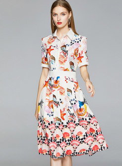 Print Gathered Waist Ruched Skater Dress
