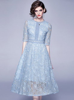 Crew Neck Empire Waist Lace Midi Dress