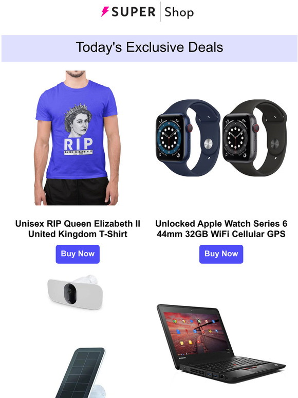 Today's Exclusive: $20.99 RIP Queen Elizabeth II T-Shirt | $212.99 Unlocked Apple Watch Series 6 | $240.00 Wireless Outdoor Floodlight Home Security Camera | $76.00 Lenovo ThinkPad Chromebook & More!