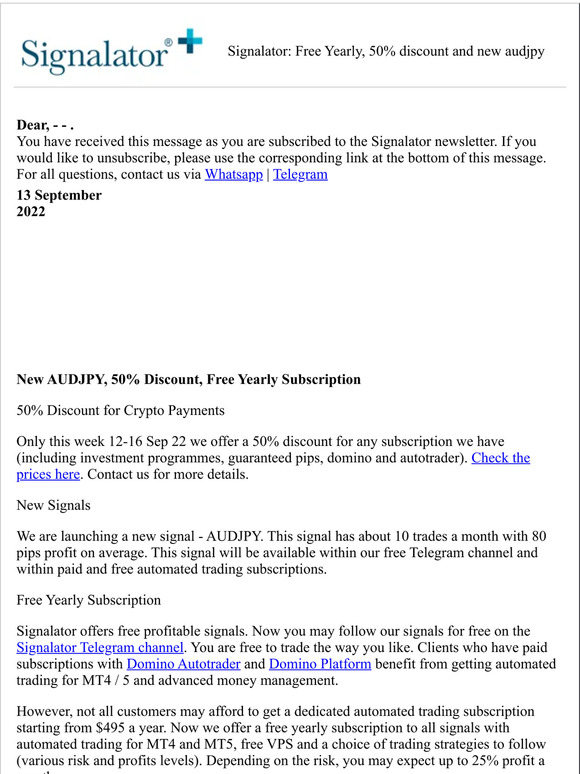 Signalator: Free Yearly, 50% discount and new audjpy