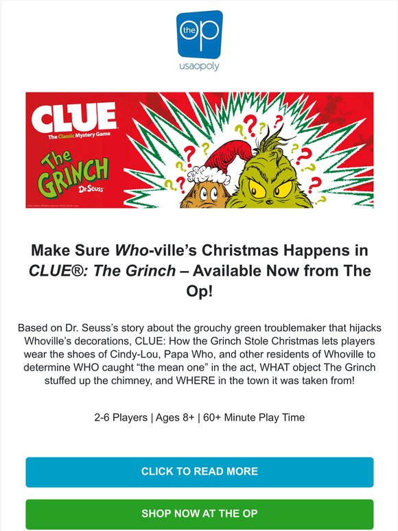Solve the Ultimate Holiday Crime in CLUE: The Grinch –  Available Now from The Op!