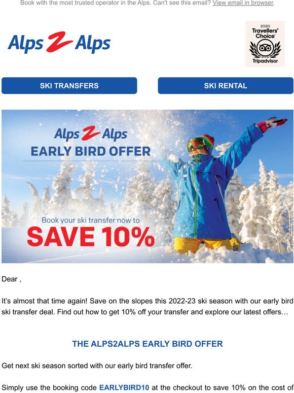 Early bird ski deal - 10% off transfers to the Alps