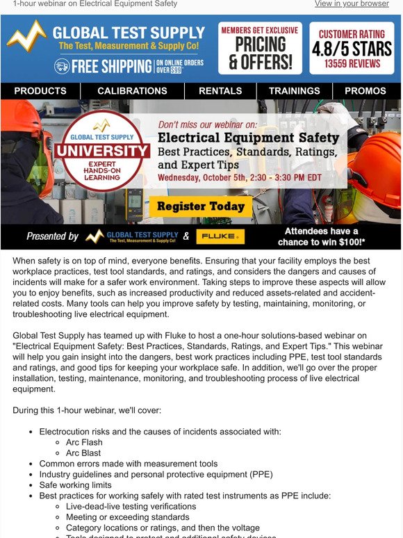 You're invited to our webinar on Electrical Equipment Safety with Fluke 