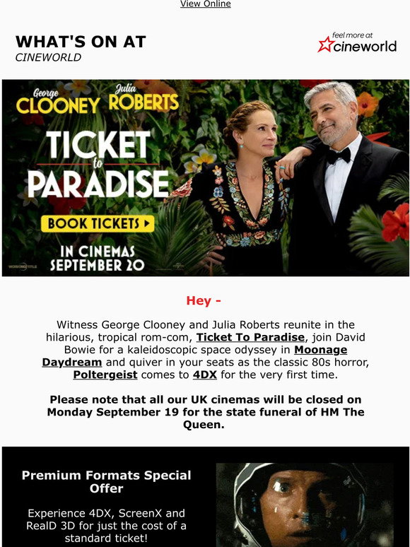 Cineworld What's On Ticket To Paradise, Moonage Daydream and the