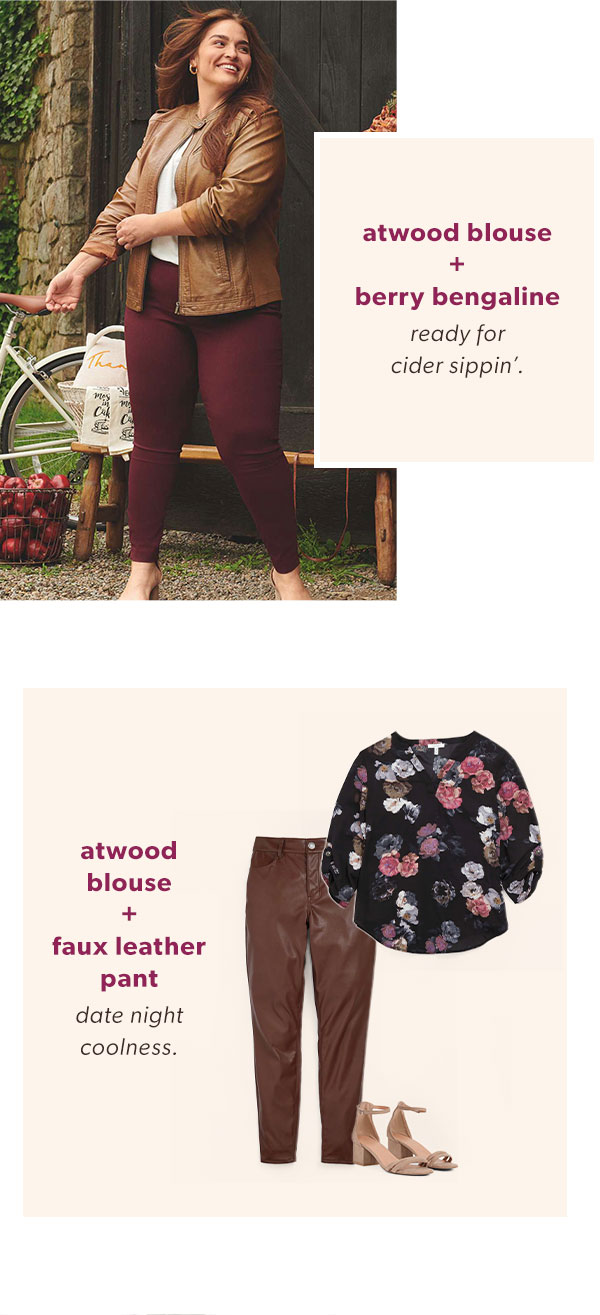 Atwood blouse + berry bengaline ready for cider sippin'. Atwood blouse + faux leather pant date night coolness.